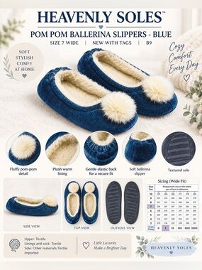 HEAVENLY SOLES POM BALLERINA SLIPPERS -BLUE SIZE 7 (NEW WITH TAGS) B9